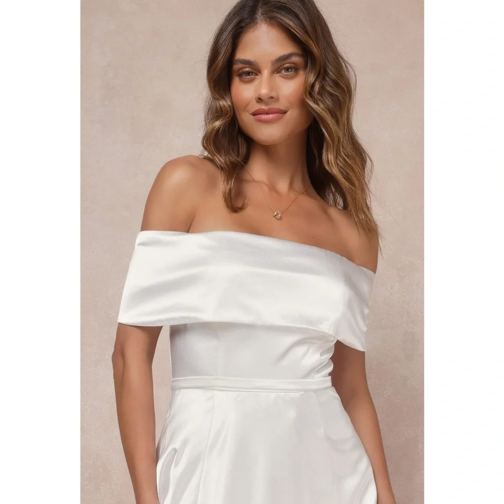 NWOT Lulu’s Greatest Hits Satin Off-the-Shoulder Wedding Maxi Dress Gown Large - Picture 6 of 15